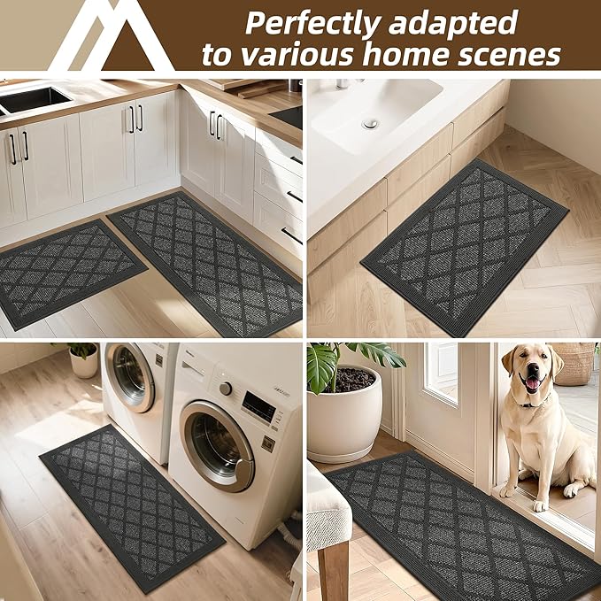 COSY HOMEER Kitchen Mats, 2 PCS Kitchen Rug Non Slip Washable, Absorbent Runner Rugs for Kitchen Floor, 100% Polypropylene Kitchen Sink Rug 20"x32" + 20"x48"(Dark Grey)