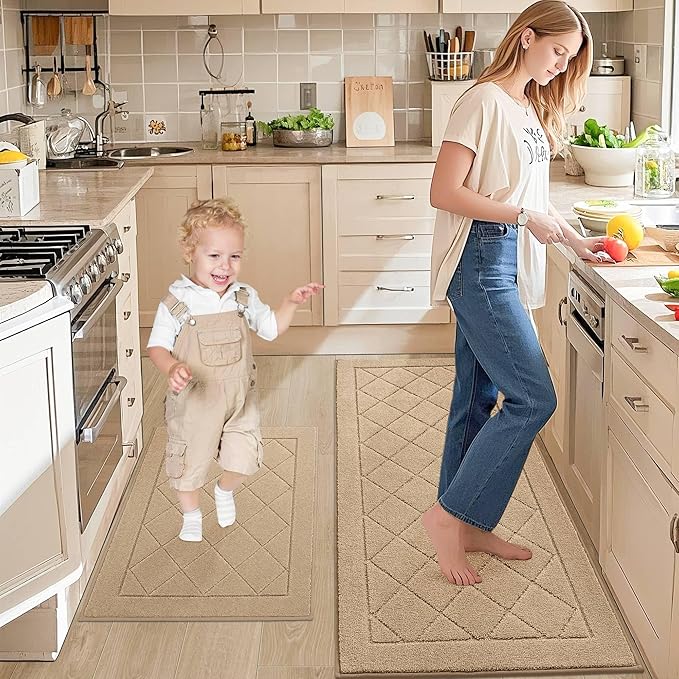 JSEI Non-Slip Kitchen Rugs, Self Adhesive No Sliding Kitchen Mats Set of 2, Soft Washable Absorbent Floor Mat for Kitchen, Bathroom, Laundry Room, Bedroom, 24”x36”+24”x60”, Beige, Diamond Pattern