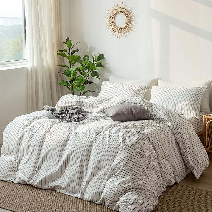MooMee Striped Duvet Cover Set 100% Washed Cotton Linen Like Textured Breathable Durable Soft Comfy (White Dark Grey Wide Stripes, Super King 108"x98")