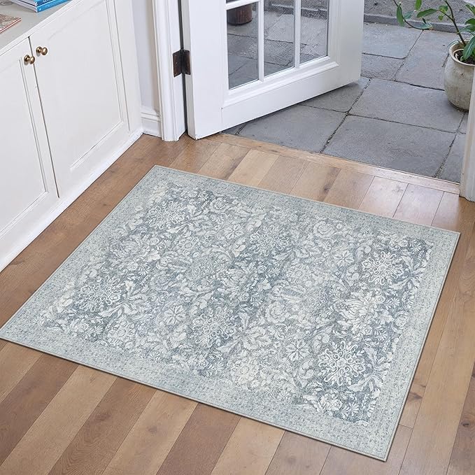 PureCozy Blue 2x3 Area Rug Washable Entryway Door Mat Vintage Carpet Indoor Non Slip Small Low Plie Thin Kitchen Bathroom Rug Retro Accent Throw Entrance Bedroom Office Living Room