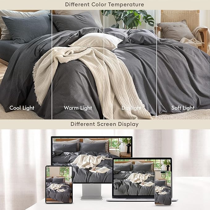 MooMee Bedding Duvet Cover Set 100% Washed Cotton Linen Like Textured Breathable Durable Soft Comfy (Heathered Dark Grey, King 104"x90")
