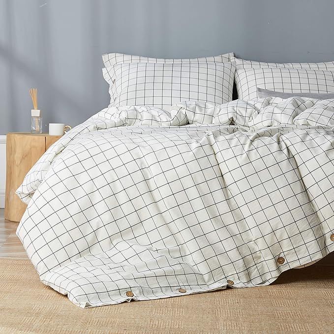 JELLYMONI Cotton Duvet Cover Full Size - White Grid Plaid Comforter Cover with Button 100% Washed Cotton 3PCS Breathable Soft Bedding Set Duvet Cover 80×90in & 2 Pillowcases (NO Comforter)