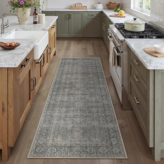 PureCozy Grey Brown Runner Rug 2x6 Vintage Carpet Hallway Long Indoor Kitchen Washable Living Room Low Pile Traditional Distressed Retro Accent Throw Rug Non Slip Laundry Bathroom Office Dining Room