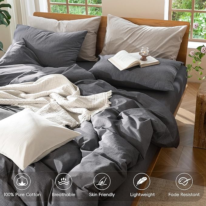 MooMee Bedding Duvet Cover Set 100% Washed Cotton Linen Like Textured Breathable Durable Soft Comfy (Heathered Dark Grey, Palatial King/Oversized King 120"x98")