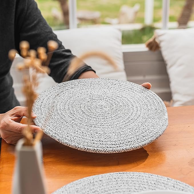 Art PineCone's Woven Cotton Rope Round Placemats Set of 4 with Holder Included, Non-Slip, and Heat Resistant Shabby Chic Placemats (Heather Gray, 13 inch)