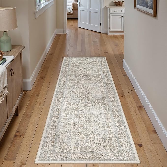 PureCozy Taupe Runner Rug 2x5 Hallway Machine Washable Kitchen Vintage Distressed Non Slip Long Carpet Indoor Retro Floral Bedroom Accent Throw Rug for Bathroom Office Laundry Dining Living Room