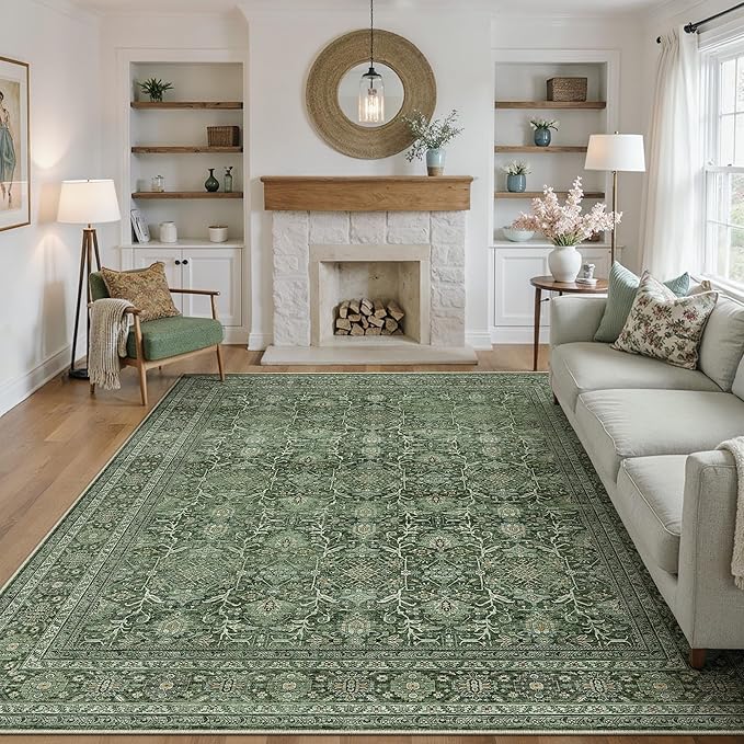 PureCozy Area Rug 6x9 Green Washable Living Room Carpet Soft Non Slip Vintage Bedroom Indoor Office Traditional Retro Distressed Large Thicker Throw Rug for Dining Room Kitchen Playroom