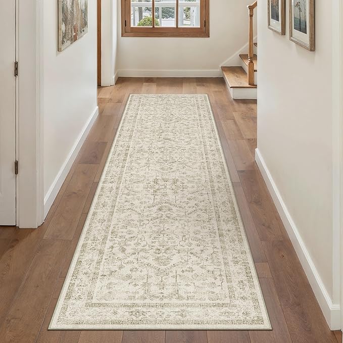 PureCozy Taupe 2x8 Runner Rug Vintage Area Carpet Hallway Indoor Kitchen Washable Low Pile Traditional Distressed Retro Accent Throw Rug Non Slip for Laundry Bathroom Office