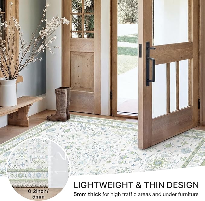 GENIMO 2'6''x6 Runner Rug,Machine Washable Non-Slip Vintage Rugs,Low Pile Lightweight Carpet for Bedroom,Hallway,Entryway,Kitchen,Bathroom,Creamgreen