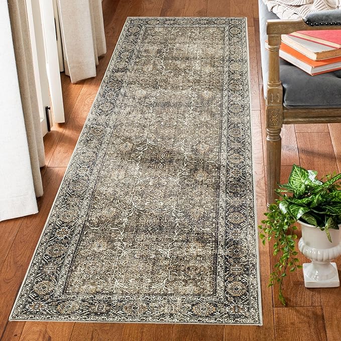 PureCozy Brown Runner Rug 2x8 Vintage Area Carpet Hallway Long Indoor Kitchen Washable Living Room Low Pile Traditional Distressed Retro Accent Throw Rug Non Slip Laundry Bathroom Office Dining Room