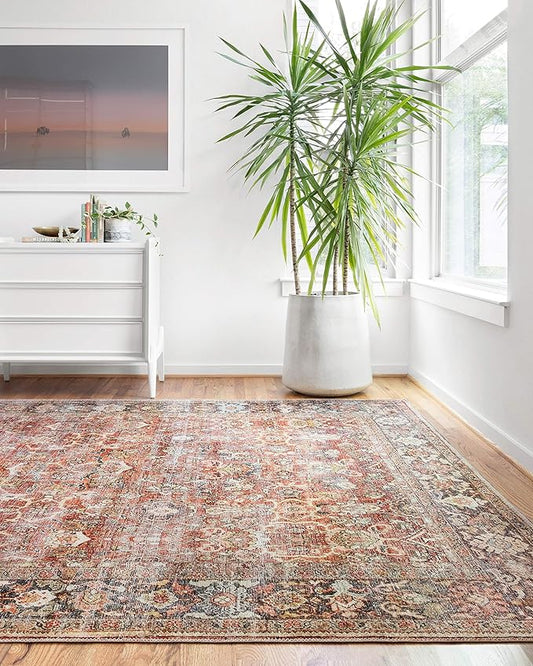 Loloi Layla Collection LAY-02 Spice/Marine 5'-0" x 7'-6" .13" Thick Area Rug, Soft, Durable, Vintage Inspired, Distressed, Low Pile, Non-Shedding, Easy Clean, Printed, Living Room Rug