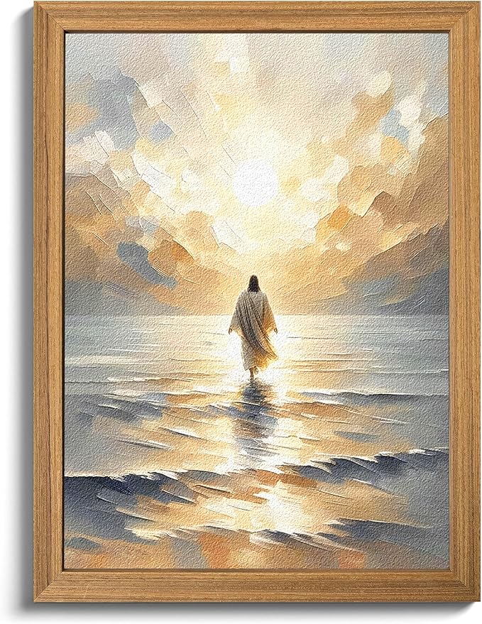 Framed 3D Textured Jesus Walking on Water Wall Art, Christian Bible Stories Wall Decor Paintings, Jesus Walks on Water on Water Back Posters Prints Pictures for Church Living Room Bedroom 12x16 Inch