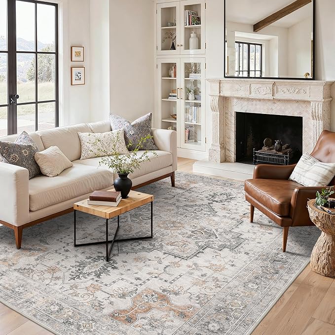 BESBLEE 6x9 Area Rugs for Living Room, Machine Washable Low Pile Rugs, Non Alip Vintage Rug for Bedroom, Dining Room, Home Office, Light Taupe Brown