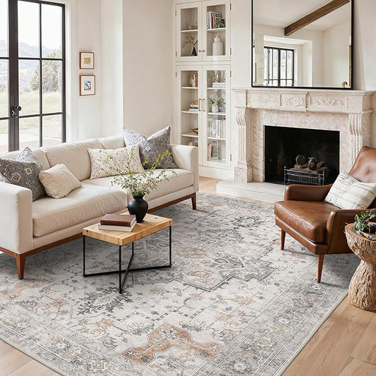BESBLEE 6x9 Area Rugs for Living Room, Machine Washable Low Pile Rugs, Non Alip Vintage Rug for Bedroom, Dining Room, Home Office, Light Taupe Brown