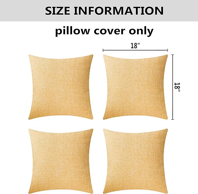 Home Brilliant Fall Pillow Covers 18x18 Set of 4 Textured Burlap Lined Linen Throw Pillow Covers for Couch Sofa Bed Winter Decor, 18 x 18 Inch (45cm), Yellow