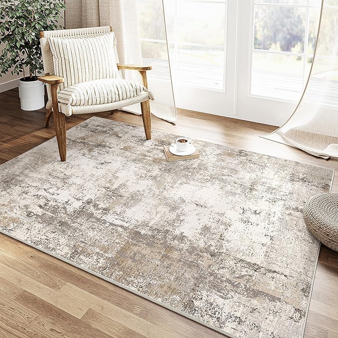 WondRg 3x4 Washable Area Rug Brown Grey Abstract Entryway Office Throw Rug Neutral Modern Non Slip Soft Low Pile Small Carpet for Kitchen Living Room Bedroom Entrance