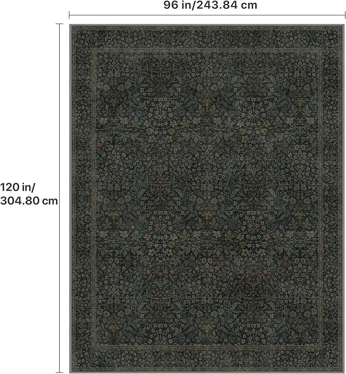 GENIMO 8x10 Area Rug for Living Room, Washable Vintage Floral Low Pile Non-Slip Large Carpet for Bedroom Dining Room, Stain Resistant Botanical Indoor Rug (Charcoal Green)
