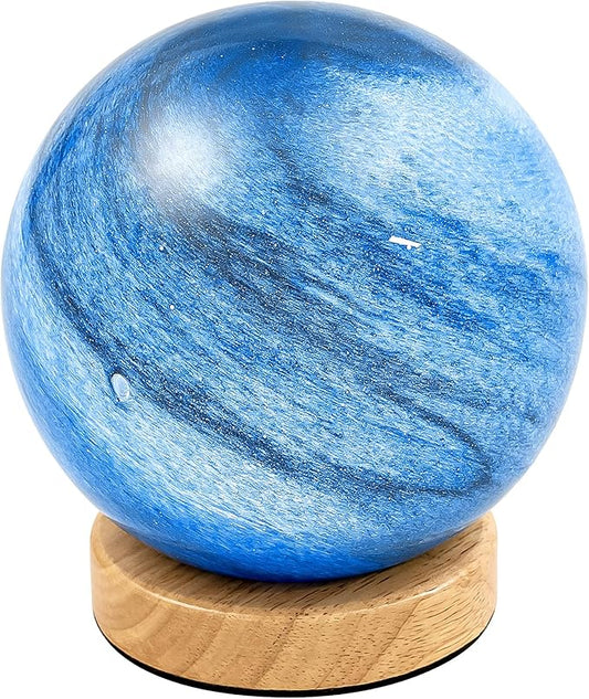 New Luxury Planet Night Light Glass Bedside with Wooden Base 3 Modes - Dimmable Swirl Planet Table Lamp for Bedroom Nightstand, Desk Lamp for Living Room, Office, Kids (Light Blue)