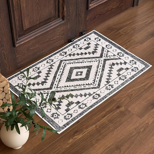 RAMEFILD Moroccan Washable Entryway Rug 2x3, Geometric Decorative Woven Area Rug, Non-Slip Boho Accent Soft Low-Pile Indoor Door Mat, Small Throw Rug for Bedroom Front Porch, Black and White