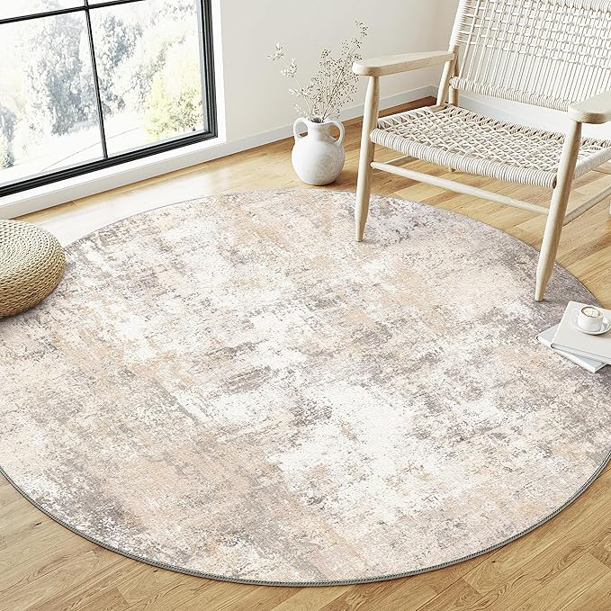WondRg 5x5 Washable Round Rug Beige Grey Abstract Living Room Bedroom Area Rug Neutral Modern Non Slip Soft Low Pile Indoor Carpet for Dining Room Office Entryway