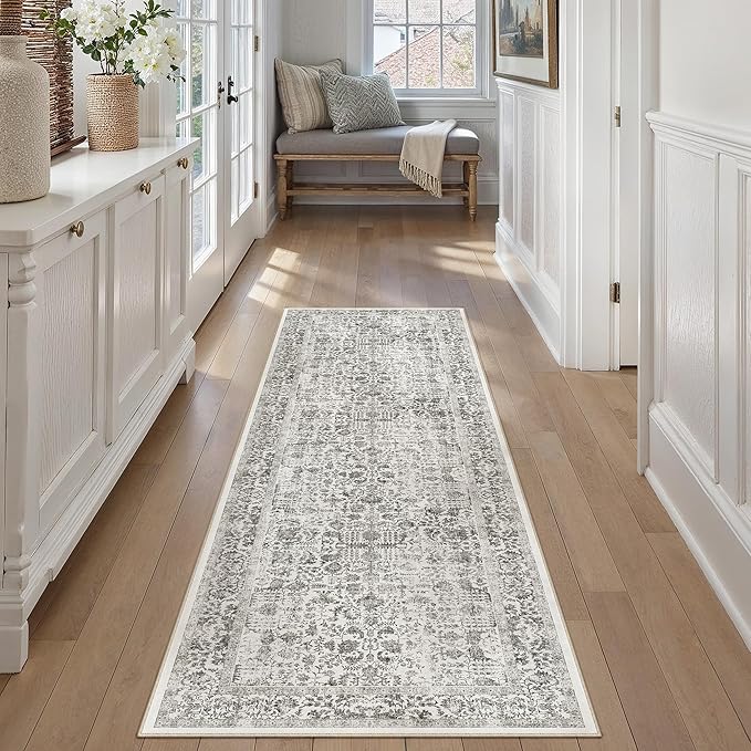 PureCozy Black Runner Rug 2'6"x8' Washable Carpet for Hallway Kitchen Vintage Distressed Non Slip Indoor Retro Floral Bedroom Accent Throw Long Rug Bathroom Office Laundry Dining Living Room