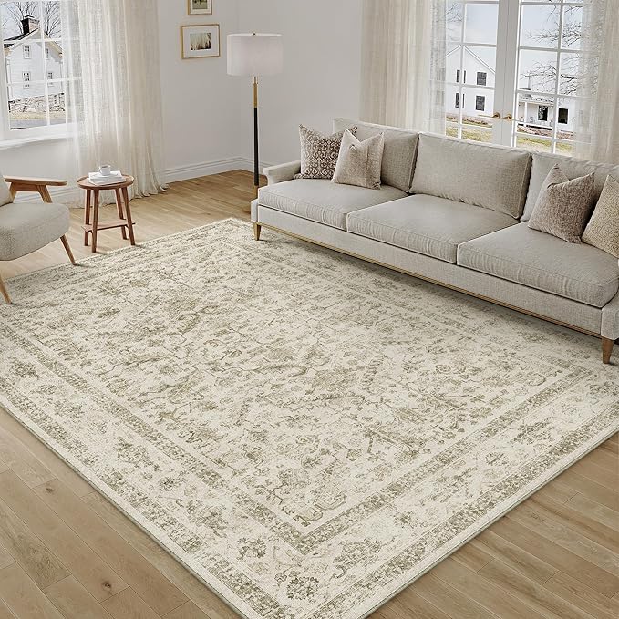 PureCozy Taupe 6x9 Area Rug Vintage Washable Living Room Carpet Non Slip Bedroom Indoor Office Low Pile Large Traditional Distressed Retro Accent Rug for Dining Room Bathroom Kitchen