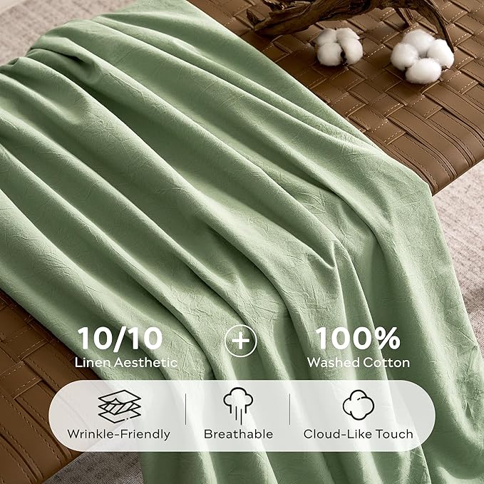JELLYMONI 100% Washed Cotton Duvet Cover Full – Soft, Breathable Linen-Look Bedding with Natural Wrinkle Texture, Button Closure, 3-Piece Set (Mint Green, 80"x90")