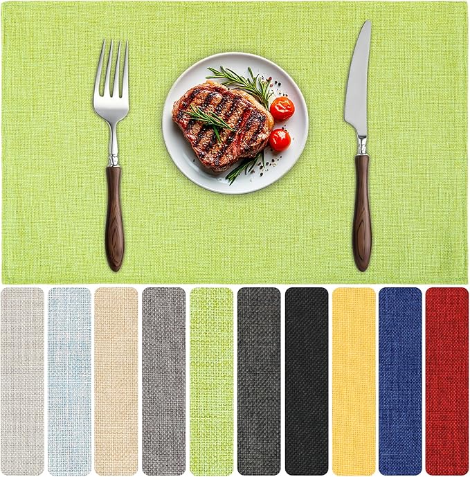 Blue Forest Placemats Set of 8, Dual-Layered Thickened Faux Linen Table Mats Heat Resistant Machine Washable Wrinkle Free Place Mats for Kitchen Dining Outdoor/Indoor (Grass Green)