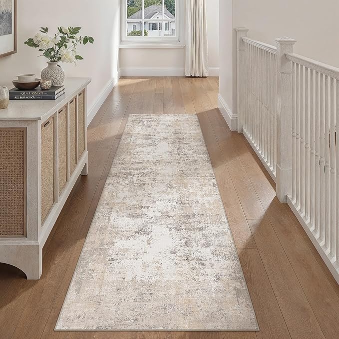 WondRg 3x8 Washable Runner Rug Beige Grey Abstract Hallway Kitchen Throw Rug Neutral Modern Non Slip Soft Low Pile Carpet for Bathroom Laundry Bedroom Living Room