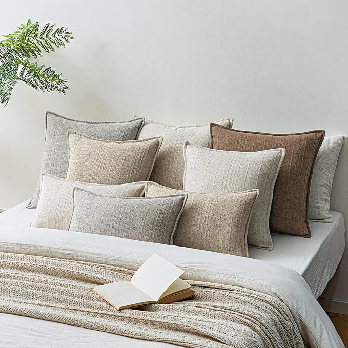 a moment Linen Pillow Covers Set of 2,Boho Farmhouse Throw Pillowcases Neutral Textured Decorative Covers for Couch Sofa,Soft Linen Blend Accent Case Cushion Living Room Home Decor 20"x12"Hazel