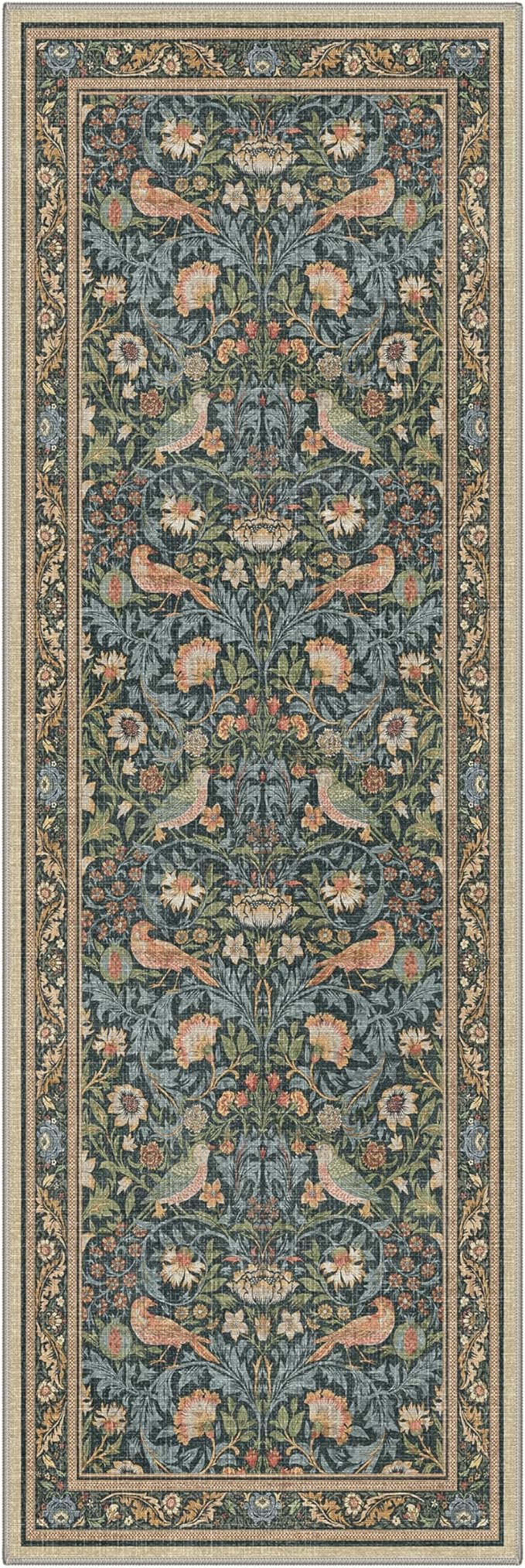Bavni Boho 2x6 Washable Runner Rug Non Slip, Vintage Botanical Bird Hallway Runner, Low Pile Thin Soft Blue Green Accent Carpet Stain Resistant, Kitchen Runner Floral Rugs for Entryway Bedroom Laundry