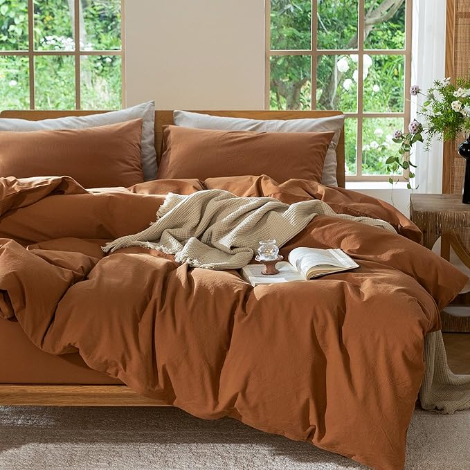MooMee Bedding Duvet Cover Set 100% Washed Cotton Linen Like Textured Breathable Durable Soft Comfy (Solid Dark Orange, Super King 108"x98")