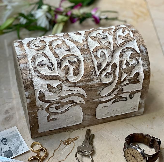Great Birthday Gift Ideas Handmade Decorative Wooden Jewelry Box With Tree of Life Carvings Jewelry Organizer Keepsake Box Treasure Chest Trinket Holder Watch Box Storage Lock Box (White)