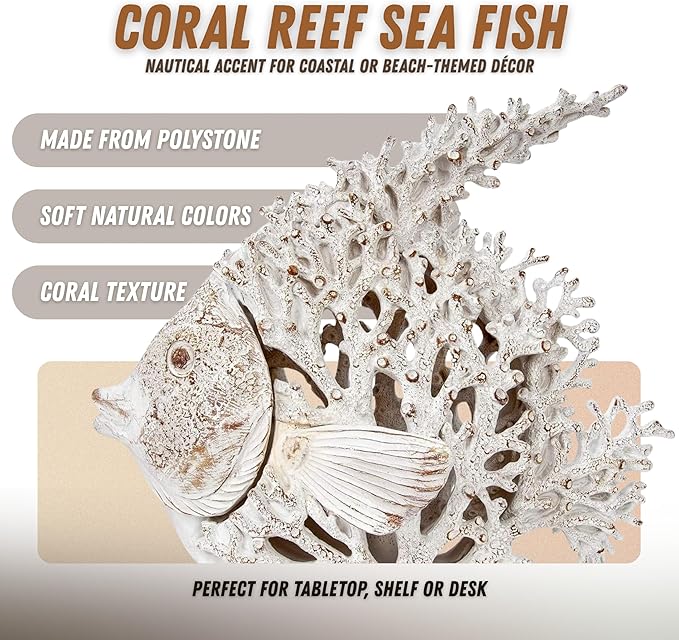 Ocean Decor White Coral Reef Angelfish Sculpture Beach Home Decor Coastal Coral Look Tabletop Collection 11 in x 10 in