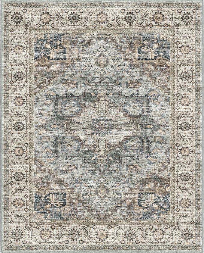 Fortsea Machine Washable Rug 8x10 - Vintage Inspired Distressed Design Large Area Rugs,Soft Durable, Stain Resistant, Non-Shedding, Easy Clean Area Rugs (Olive/Taupe, 8X10)