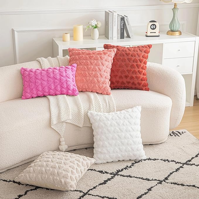 AQOTHES Set of 2 Heart Love Cute Hot Pink Decorative Valentines Throw Pillow Covers 12x20, Soft Plush Faux Fur Pillow Covers for Couch Sofa Home Valentines Day Decoration