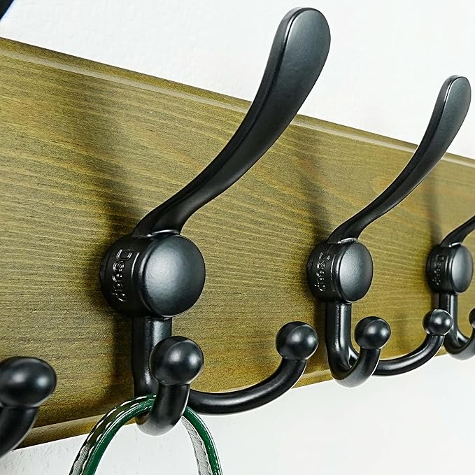 Dseap Wall Mount Coat Hanger - Heavy-Duty Robust Barnwood-Style Wooden Hook Rail with 5 Triple Hooks for Winter Coats, Hats, Jackets, Weathered Green & Black