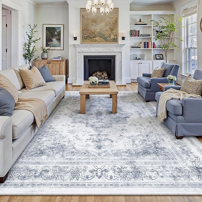 PureCozy Washable Rug 8x10 Area Rug for Living Room Blue Vintage Boho Medallion Large Distressed Retro Carpet Non Slip Indoor Low Pile Small Soft Bedroom Dining Room Home Office