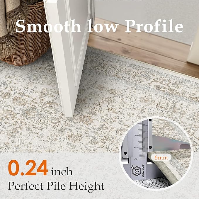 PureCozy Taupe Area Rug 5x8 Machine Washable Vintage Living Room Distressed Non Slip Carpet Traditional Indoor Bedroom Retro Floral Accent Throw Large Rug for Office Kitchen Bathroom Dining Room