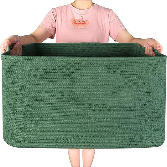MINTWOOD Design 22in Extra Large Blanket Basket Holder Living Room, Rectangle Rope Woven Storage Basket with Handles for Laundry, Pool Towels, and Shoes, Dog Toy Organizer Bin Box, Forest Green
