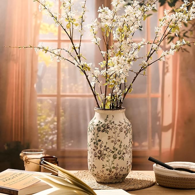 SIDUCAL Ceramic Vintage Pastoral Vase, 8.78 Inch Chinoiserie Floral Vase, Retro Ice Cracked Rustic Farmhouse Vases for Home Decor, Living Room, Bookshelf, Office, Tuscan Decor, Green and Brown Floral