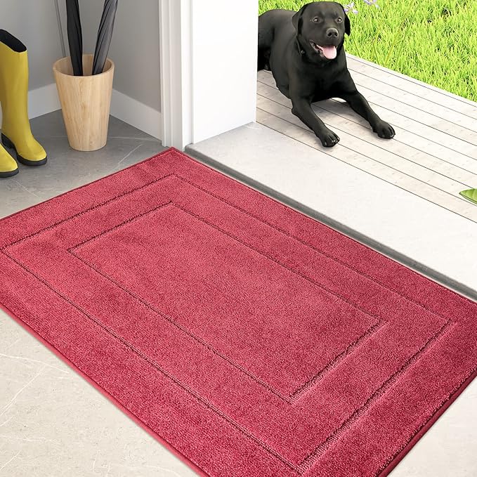 PURRUGS Dirt Trapping Door Mat 24" x 35.5", Non-Slip/Skid Machine Washable Entryway Rug, Dog Doormat, Super Absorbent Welcome Mat for Muddy Wet Shoes and Paws, Burgundy Red