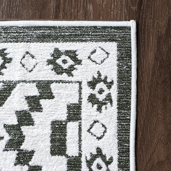 RAMEFILD Moroccan Washable Runner Rug 2x8, Geometric Woven Area Rug, Farmhouse Boho Hallway Rug Runner, Non-Slip Soft Lightweight Throw Rug for Bedroom Living Room Laundry Kitchen, Olive Green/White