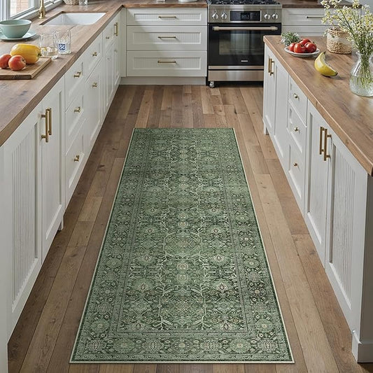 PureCozy Green Runner Rug 2x6 Hallway Washable Carpet Soft Vintage Indoor Kitchen Non Slip Bedroom Traditional Retro Distressed Thicker Throw Long Rug Bathroom Laundry Entryway Office Dining Room