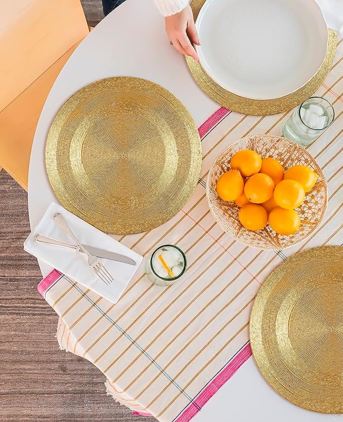 Farmhouse Beaded Placemats – Set of 4, 13" Round Handmade Charger Placemats, Black & Gold Multi, Hand-Beaded by Skilled Artisans, Elegant Table Décor