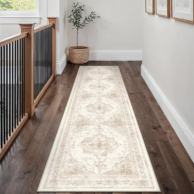 PureCozy Runner Rug 2x10 Cream Hallway Washable Beige Carpet Non Slip Vintage Medallion Beige Carpet Low Pile Soft Distressed Retro Indoor Long Rug for Entryway Kitchen Bathroom Laundry Bedroom