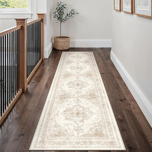 PureCozy Runner Rug 3x10 Cream Hallway Washable Beige Carpet Non Slip Vintage Medallion Beige Carpet Low Pile Soft Distressed Retro Indoor Long Rug for Entryway Kitchen Bathroom Laundry Bedroom