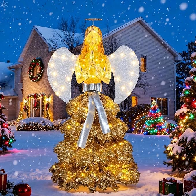 Large Outdoor Lighted Angel Yard Decoration, 3D Glitter Wings LED Statue, Waterproof Garden Lawn Patio Decor for Yard, Walkway & Party Display