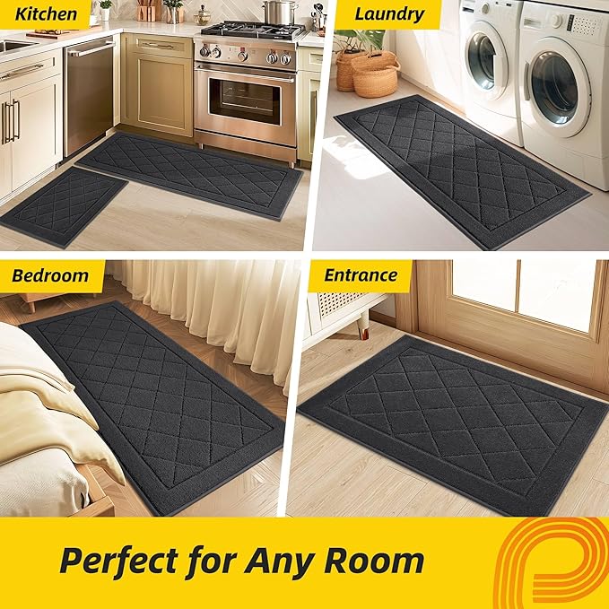 JSEI Non-Slip Kitchen Rugs, Self Adhesive No Sliding Kitchen Mats Set of 2, Soft Washable Absorbent Floor Mat for Kitchen, Bathroom, Laundry Room, Bedroom, 20”x32”+32”x48”, Dark Grey, Diamond Pattern
