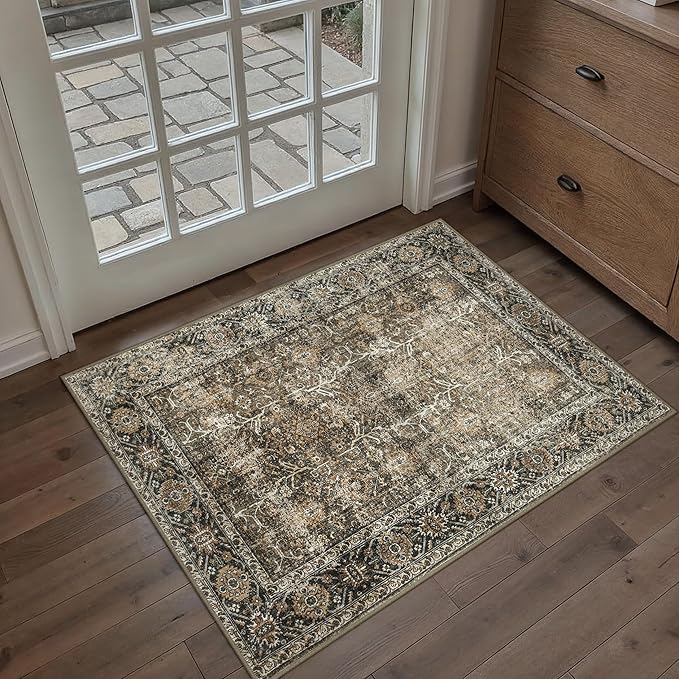 PureCozy Brown Entryway Rug 2x3 Vintage Area Carpet Indoor Kitchen Washable Door Mat Living Room Entrance Small Low Pile Traditional Distressed Retro Accent Throw Rug Non Slip Office Bathroom